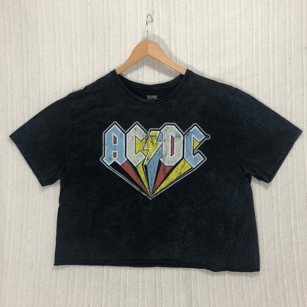 AC/DC Graphic Crop Top Band Tee Mineral Wash Short Sleeve Women's Size XL